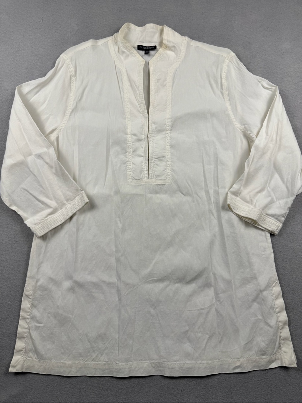 Eileen Fisher Large Linen Tunic Long Sleeve White Shirt Quiet Luxury Classic
